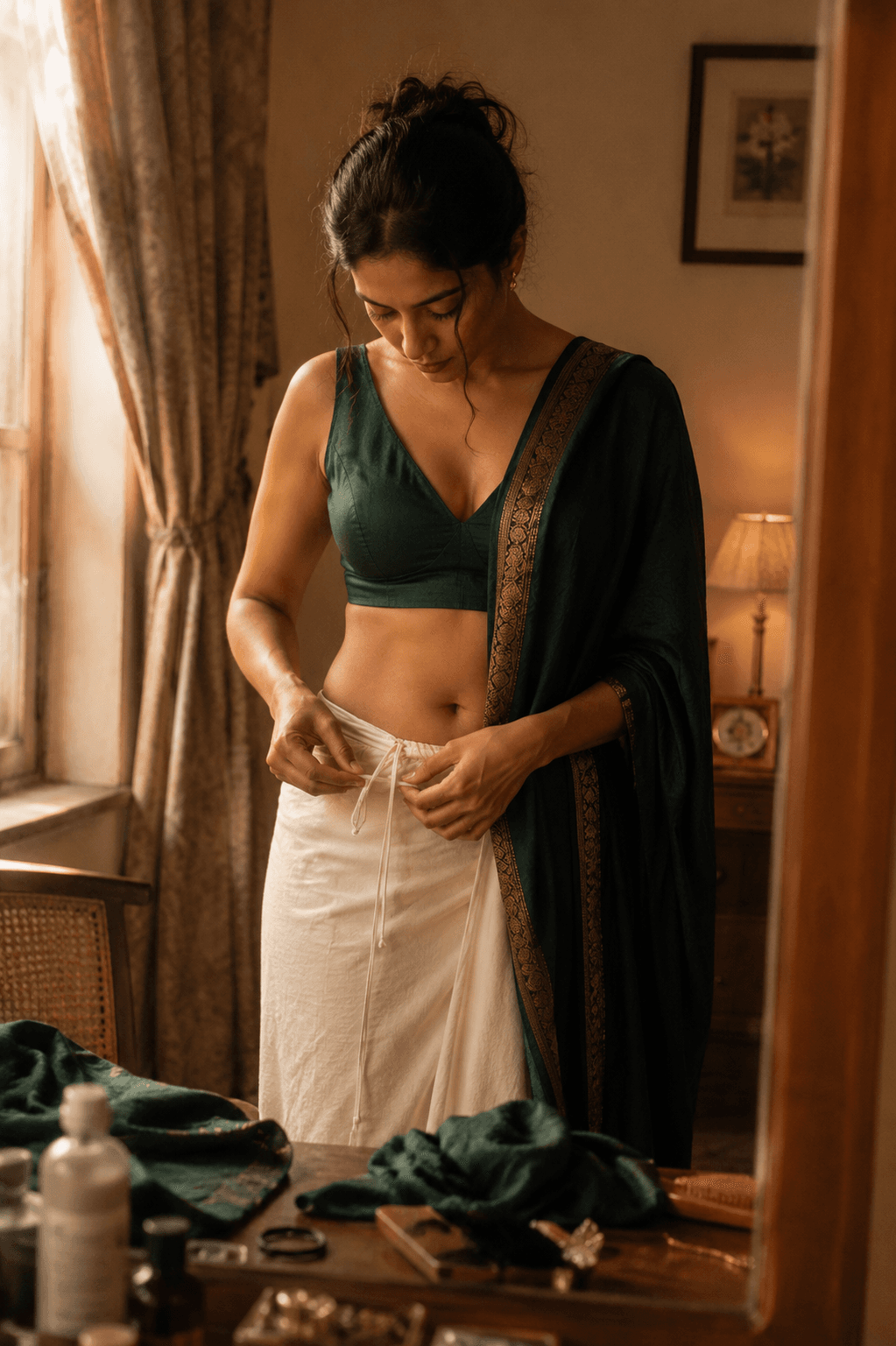 Woman tying a petticoat drawstring in a warm Indian bedroom, saree pallu visible, looking down at the waist