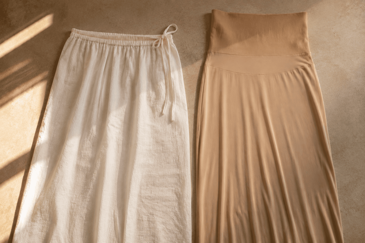 White cotton petticoat with drawstring waist beside a nude high-waist seamless shapewear piece, laid flat in warm natural light