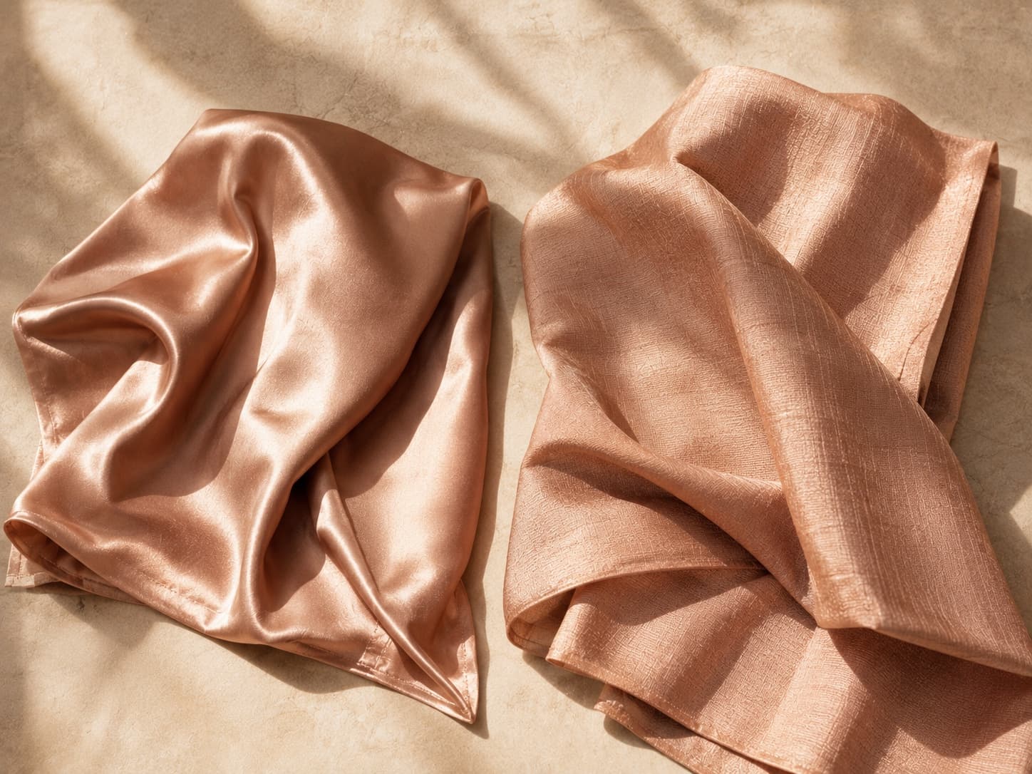 Two saree fabric swatches placed side by side — smooth fluid satin on the left, structured textured silk on the right — illustrating how each drapes differently against the body
