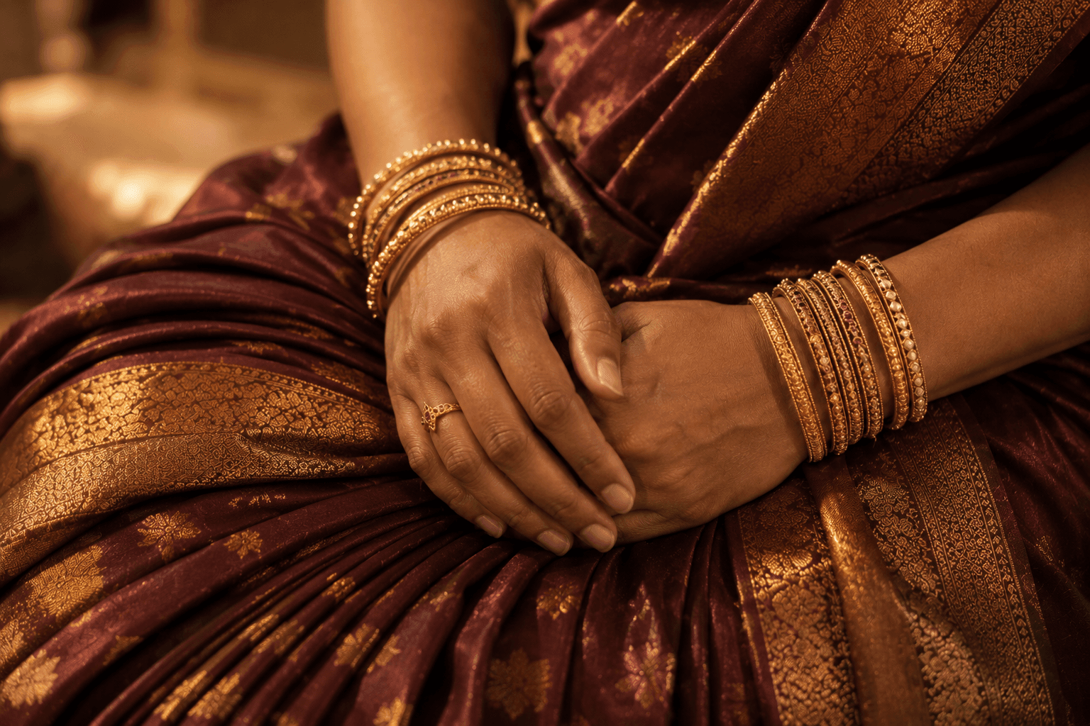 Close-up of a South Indian woman's hands resting on a silk saree mid-occasion, gold bangles visible, warm late-afternoon light