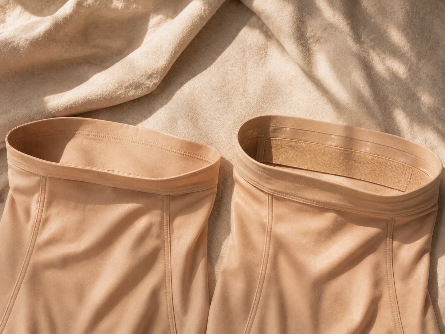 Two shapewear waistbands placed side by side showing the difference between plain compression edge construction and reinforced waistband with silicone grip strip