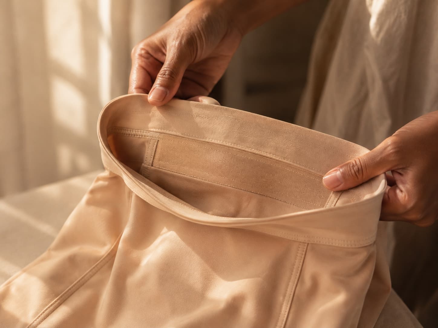 Hands folding back the waistband of a shapewear garment to examine the interior construction — showing the reinforced band visible inside