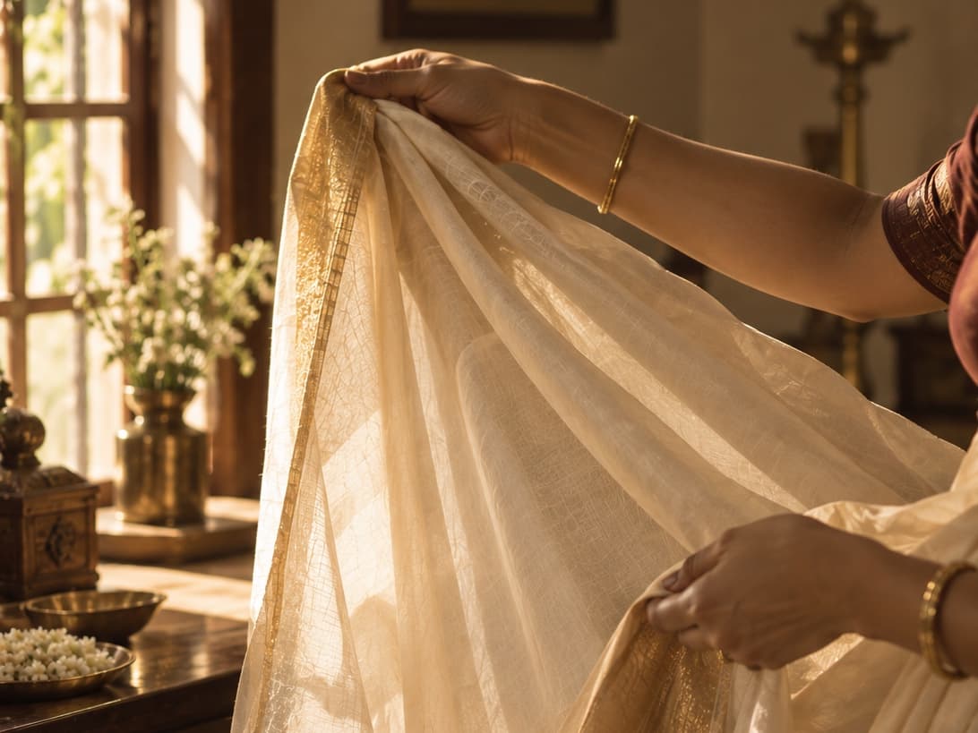 Hands holding a cream silk sari with gold border up to morning window light — the moment of preparation before a long occasion
