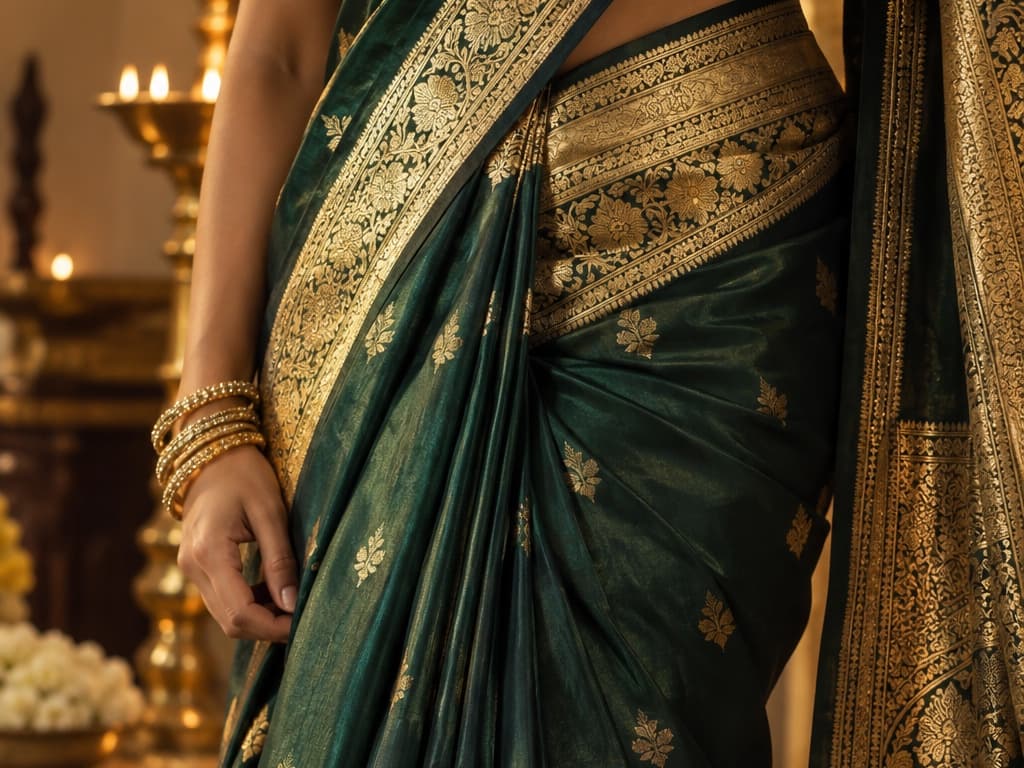A deep emerald Banarasi silk saree with gold zari brocade through the body, border and pallu, draped and tucked at the natural waist, lit lamps behind
