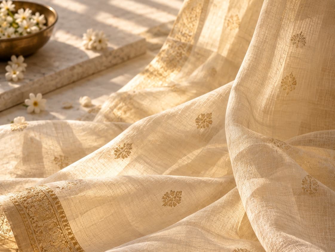 Ivory Chanderi saree with handwoven floral butis and gold zari border, draped in soft morning light — Elaine journal