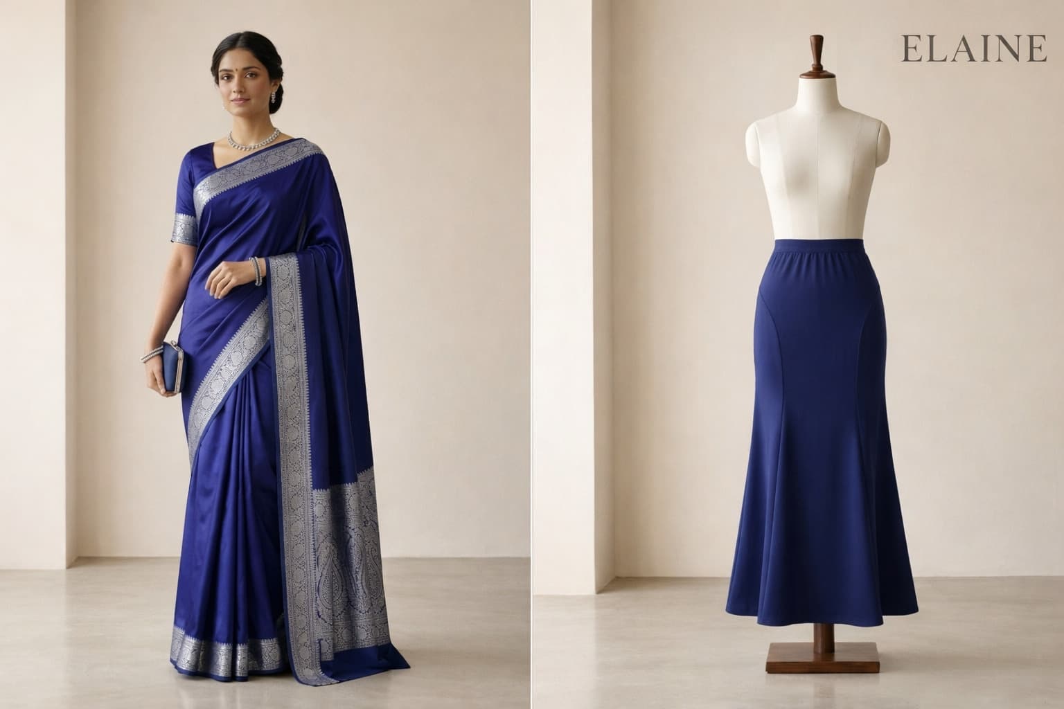 Diptych showing Kanchipuram silk draped alongside Elaine silk blend shapewear