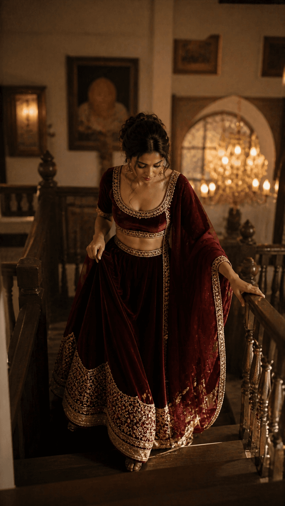 Bride in traditional Indian wedding attire, side profile showing the drape of a heavy silk saree