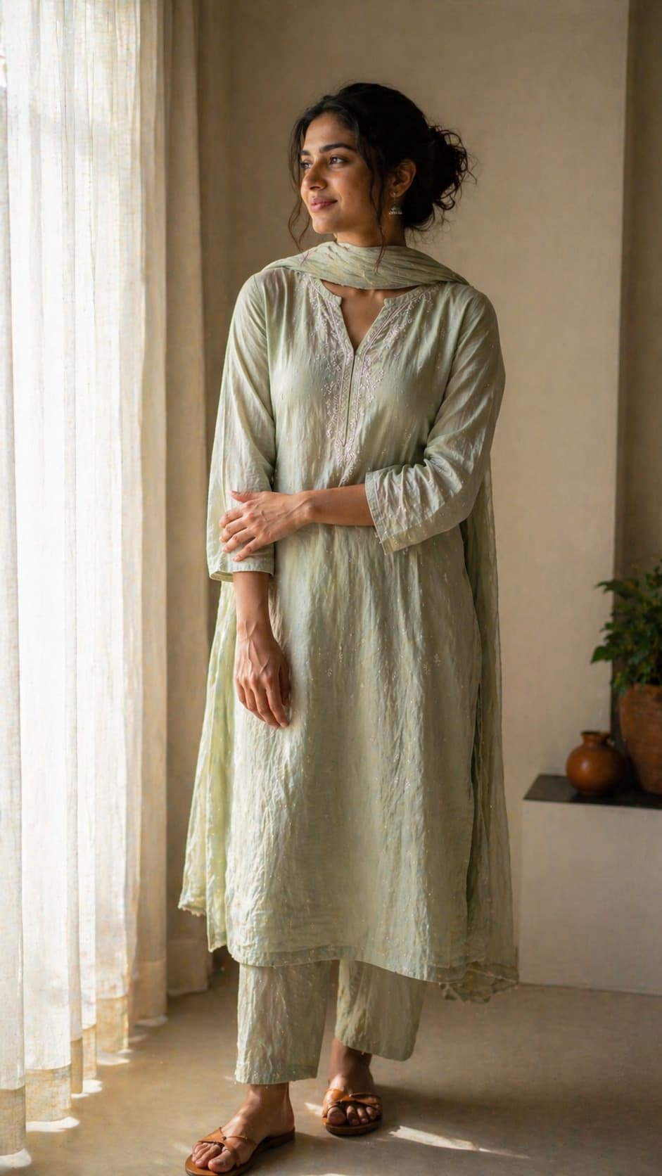 Woman in a relaxed salwar kameez by a sunlit window