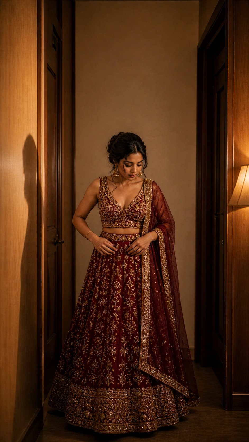 Woman in a festive lehenga standing in an ornate doorway