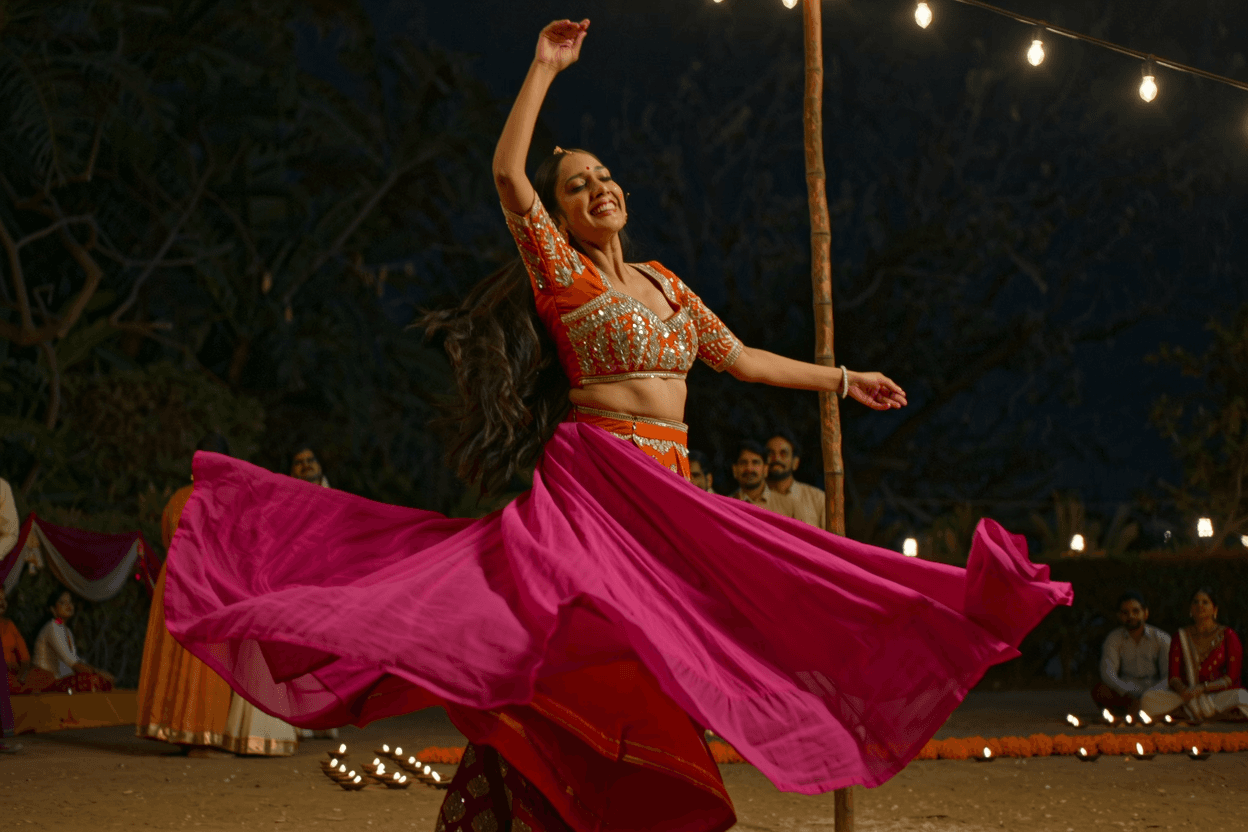 Woman dancing garba at night in motion with festive lighting
