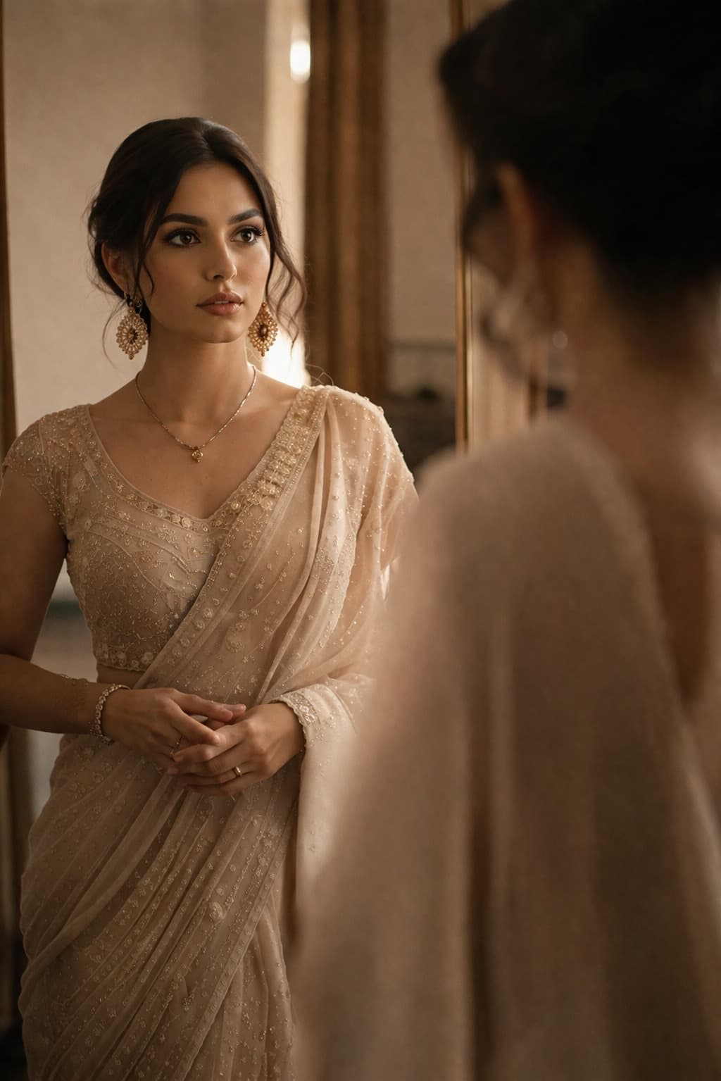 A woman in a saree pausing before a mirror at her own celebration