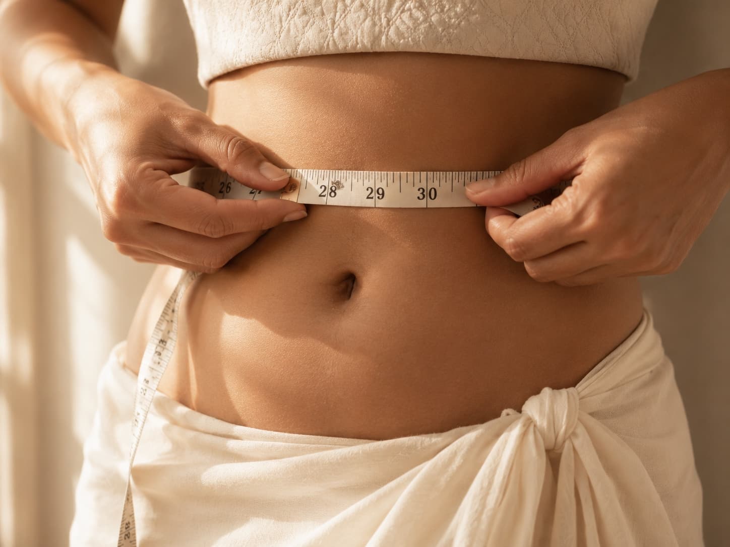 Hands holding a soft measuring tape around the natural waist — found by bending gently to the side — showing the correct position for saree shapewear sizing