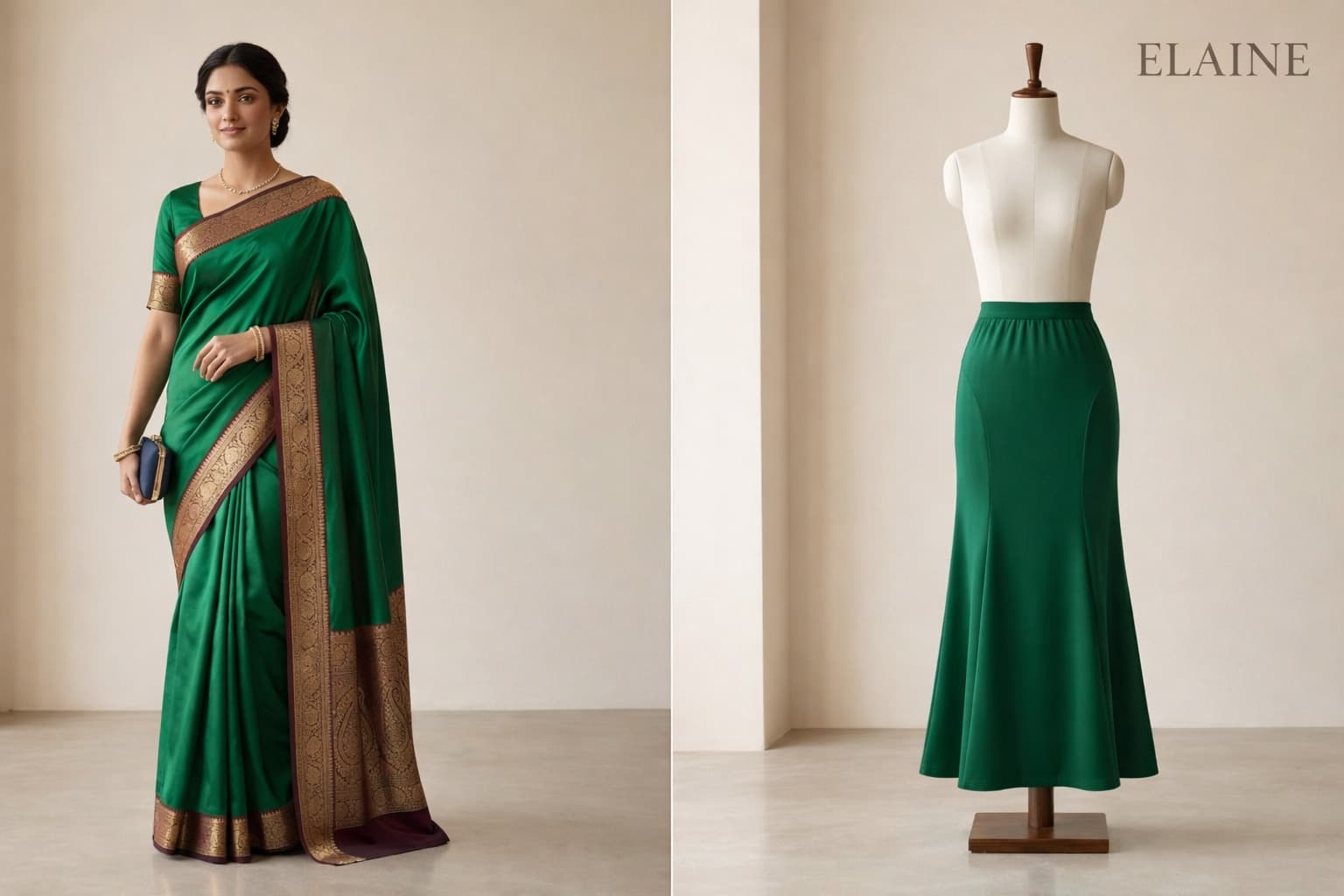 Close-up of a cream silk saree with an ornate gold zari border, draped in natural light