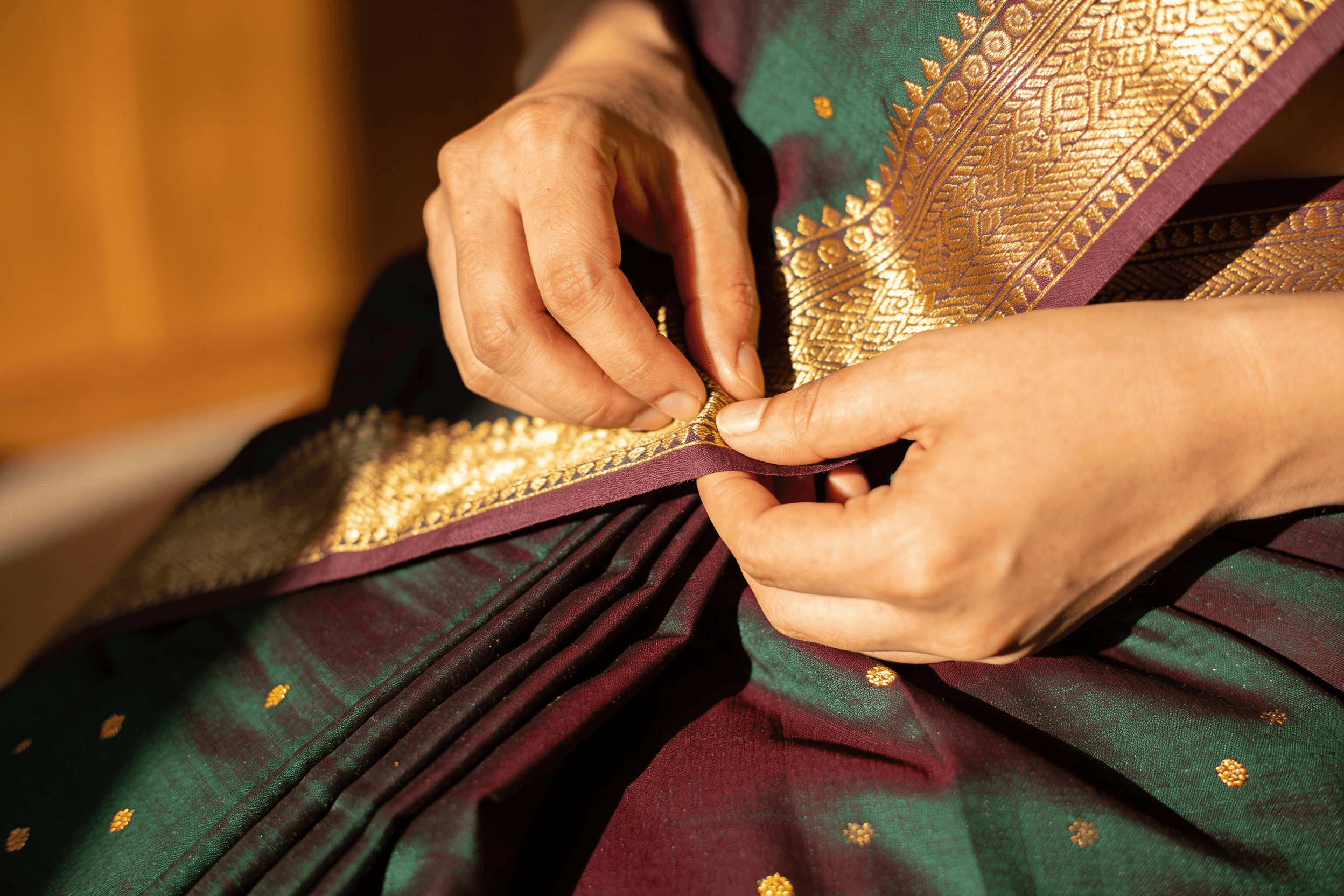 Close-up of hands pinning pleats on a Kanchipuram silk saree, showing the zari border detail