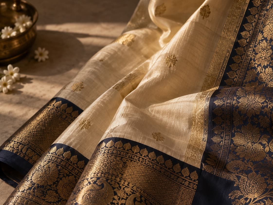 Heavy Kanchipuram silk saree with ink navy and gold zari border, folded on a parchment surface with brass vessel and jasmine flowers — Elaine journal