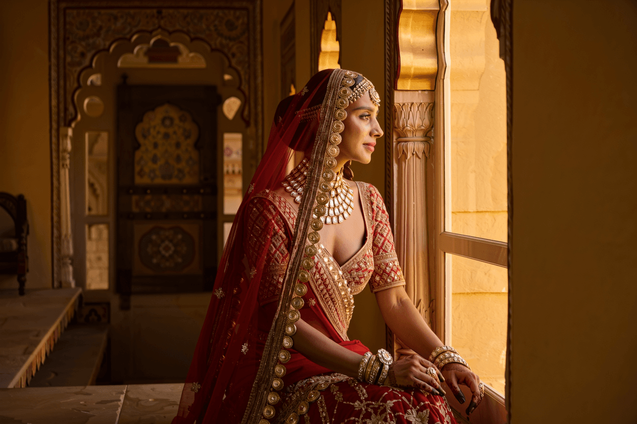 Woman in festive lehenga standing in a doorway, showing the fitted waist and flared skirt
