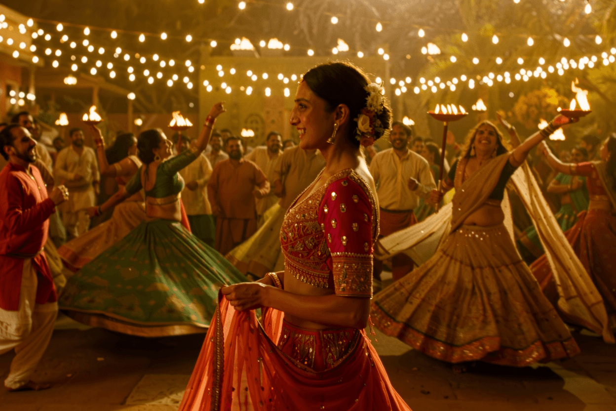 Woman dancing garba in a vibrant chaniya choli at a Navratri celebration with festive lights