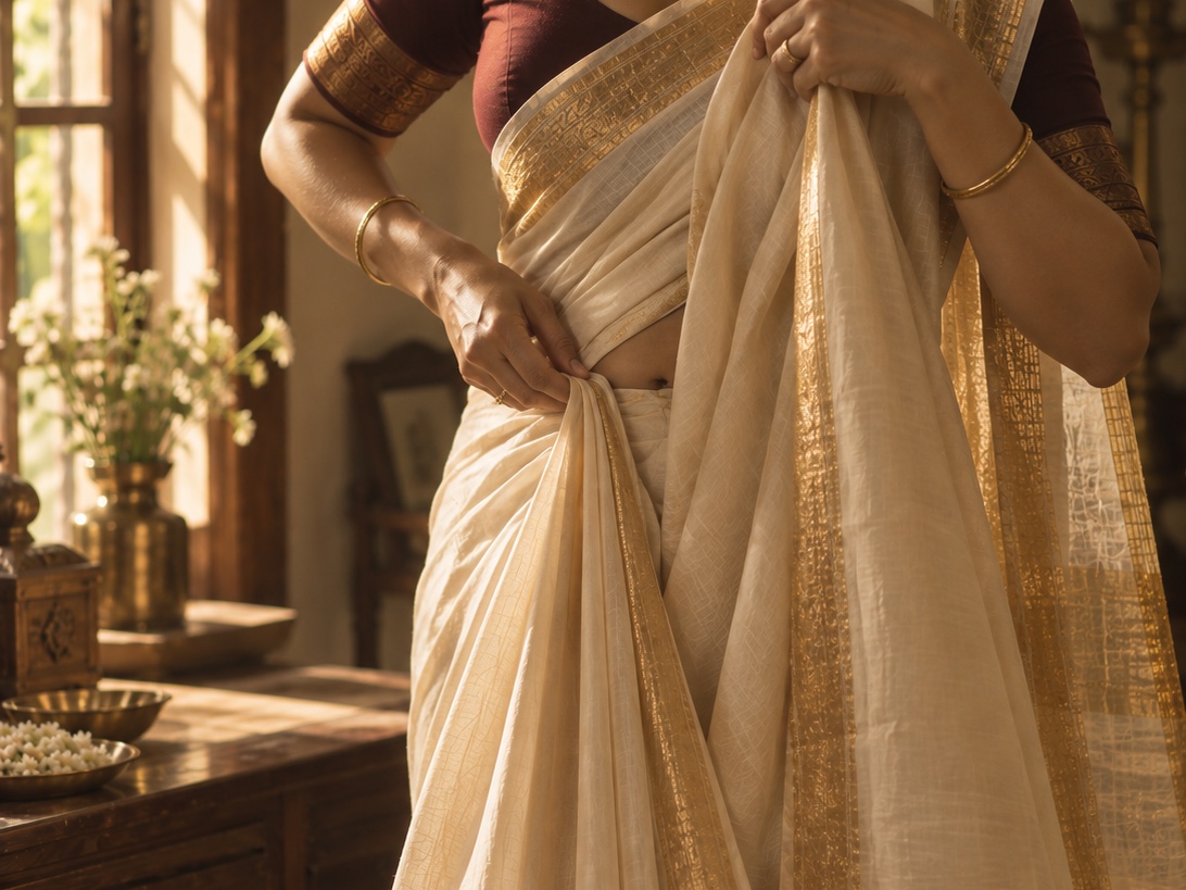Woman tucking the pleats of a cream sari at the natural waist in a traditional South Indian home — showing the draping moment the article describes