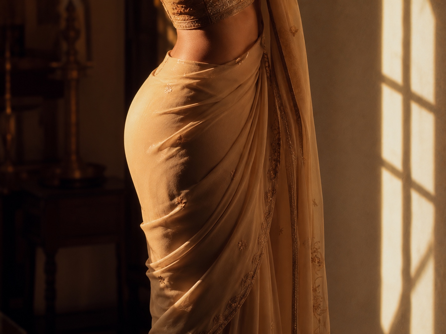 Side profile of a woman in a champagne georgette saree in directional window light showing how light reveals the drape profile